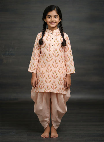 Girls' Pink Cotton Kurti with Tulip pant Set – Printed