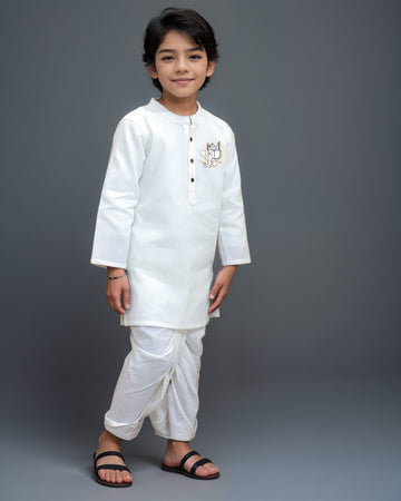 Boys White Designer Kurta with Pyjama Set