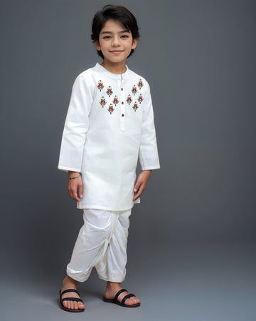 Boys White Designer Kurta with Pyjama Set