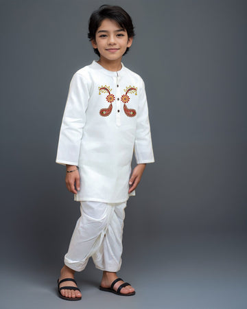 Boys White Designer Kurta with Pyjama Set