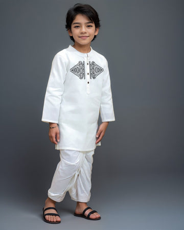 Boys White Designer Kurta with Pyjama Set