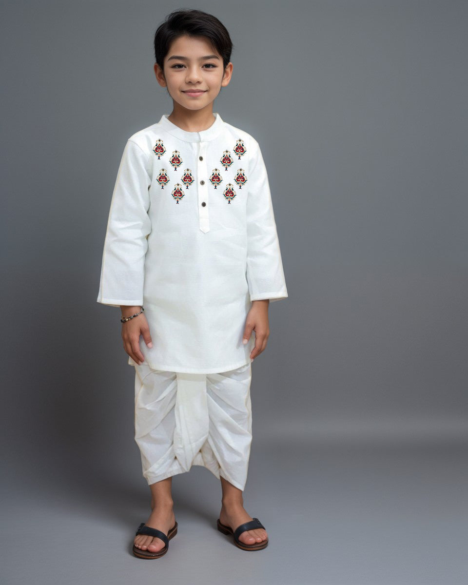 Boys White Designer Kurta with Pyjama Set