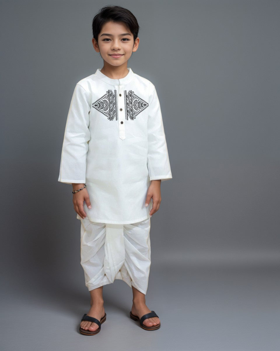 Boys White Designer Kurta with Pyjama Set