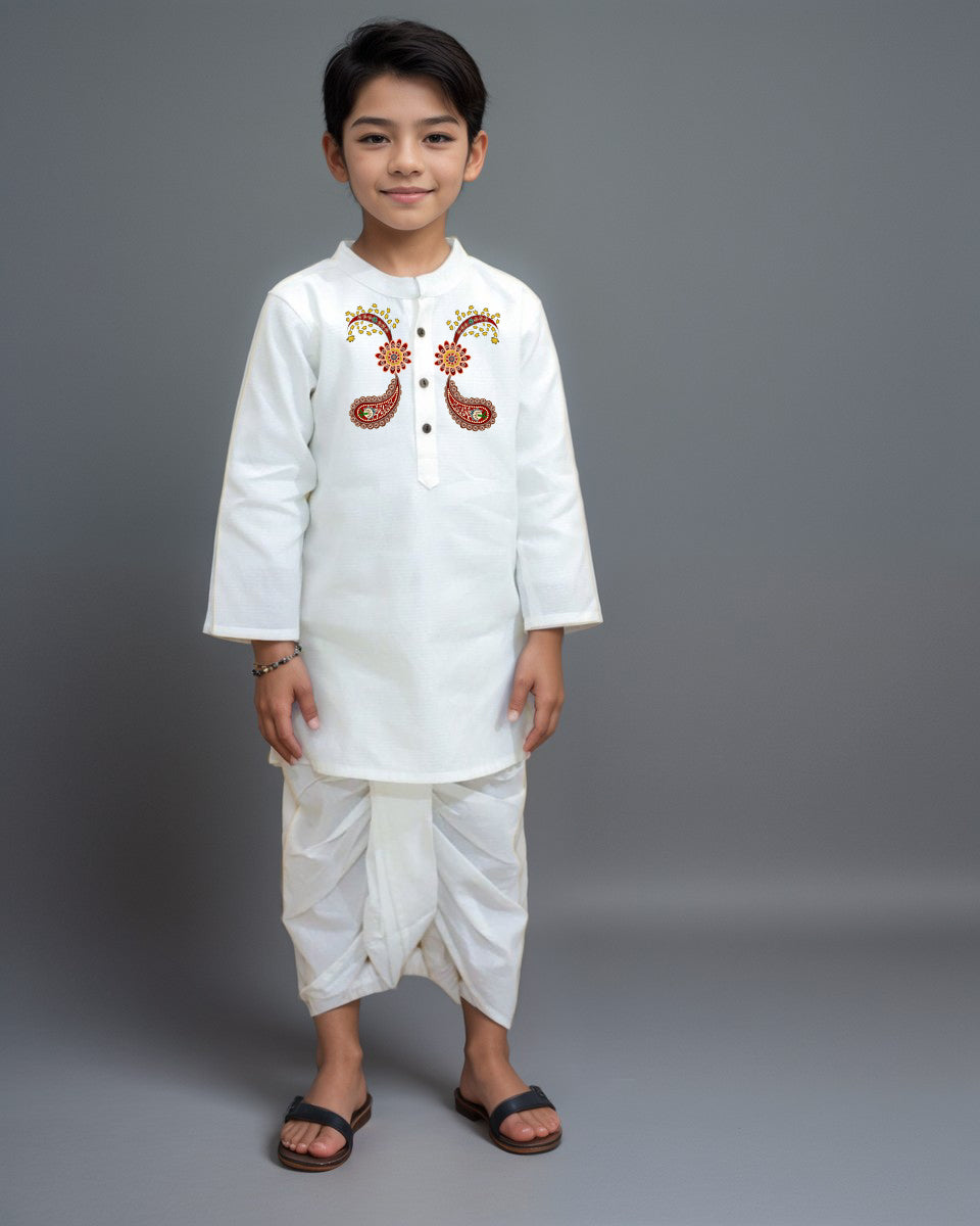 Boys White Designer Kurta with Pyjama Set