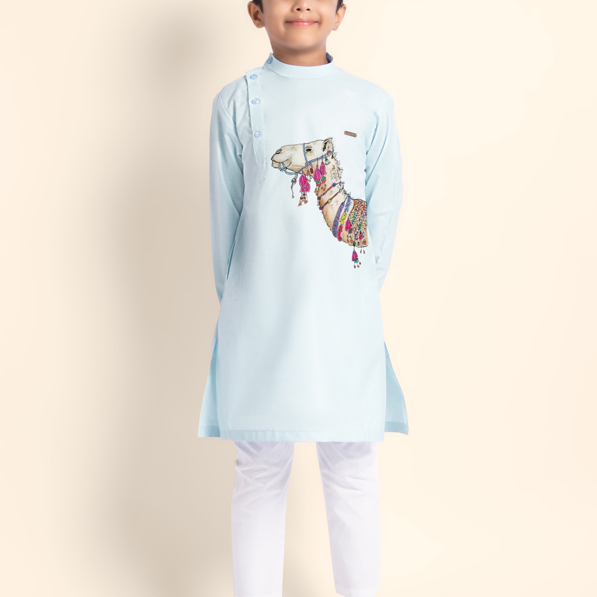 Boys Sky Blue Printed Kurta With Pyjama Set