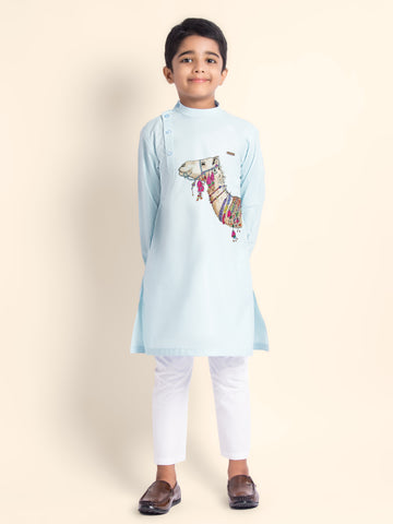Boys Sky Blue Printed Kurta With Pyjama Set
