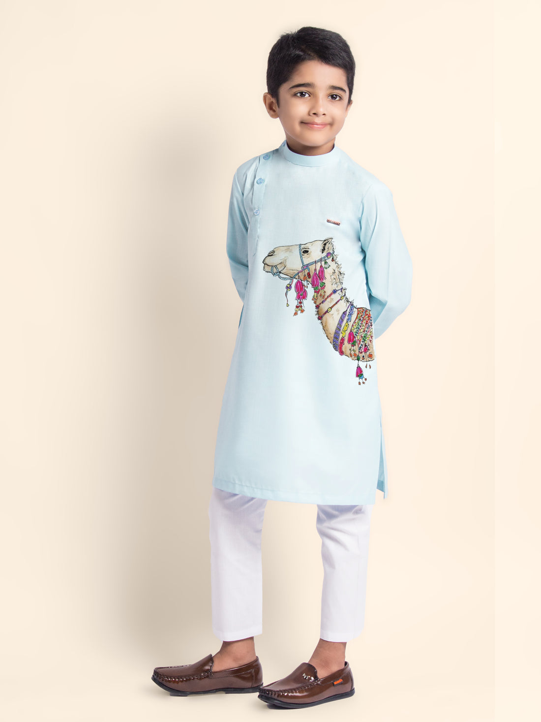 Boys Sky Blue Printed Kurta With Pyjama Set