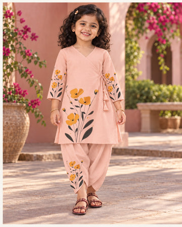 Girls' Peach Cotton Kurti with Tulip pant Set – Printed