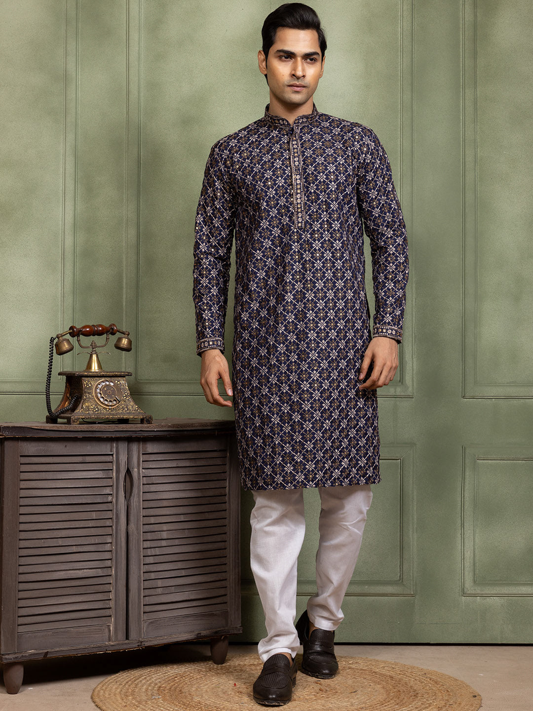[CBE] Men's Navy Blue Embellished Viscose Rayon Kurta Set