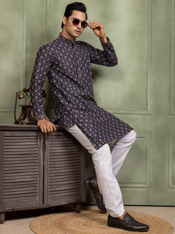 [CBE] Men's Navy Blue Embellished Viscose Rayon Kurta Set
