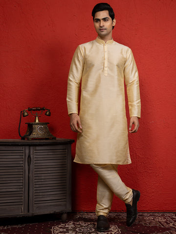 [DP] Men's Beige Solid Art Silk Kurta Set