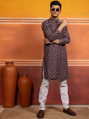 [CBE] Men's Purple Embellished Viscose Rayon Kurta Set