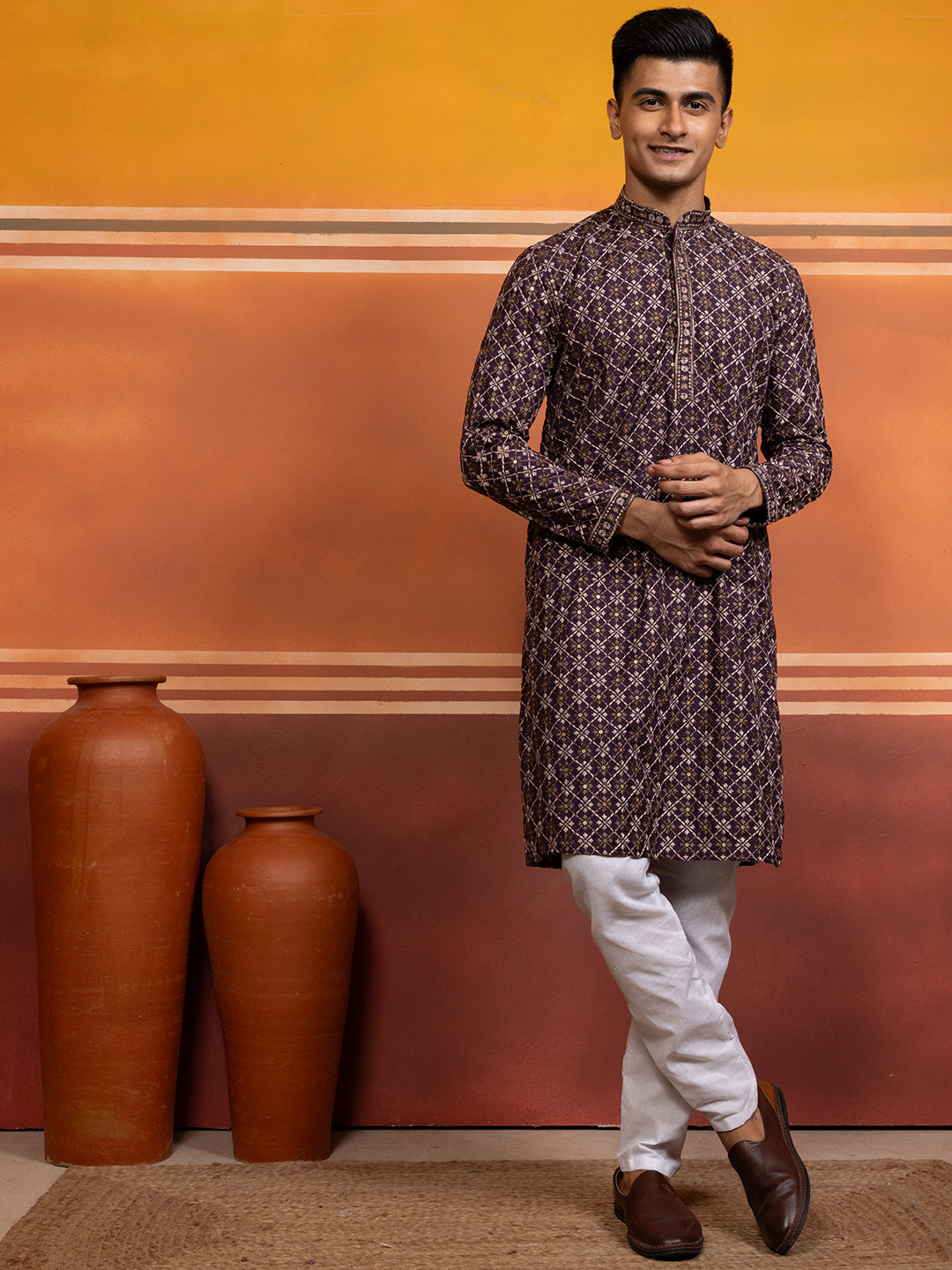 [CBE] Men's Purple Embellished Viscose Rayon Kurta Set
