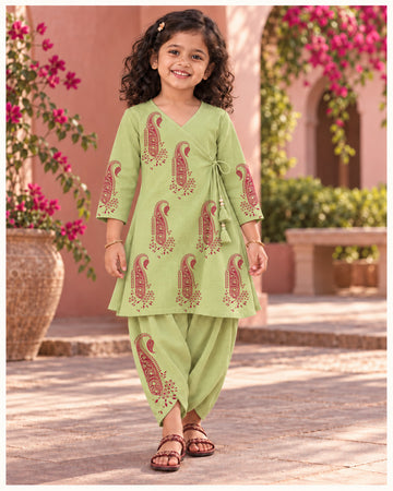 Girls' Green Cotton Kurti with Tulip pant Set – Printed