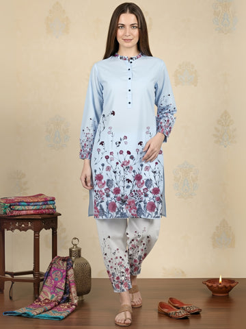 [DWKS-MGSP] Women Sky Blue Ethnic Motifs Printed Cotton Kurti Set