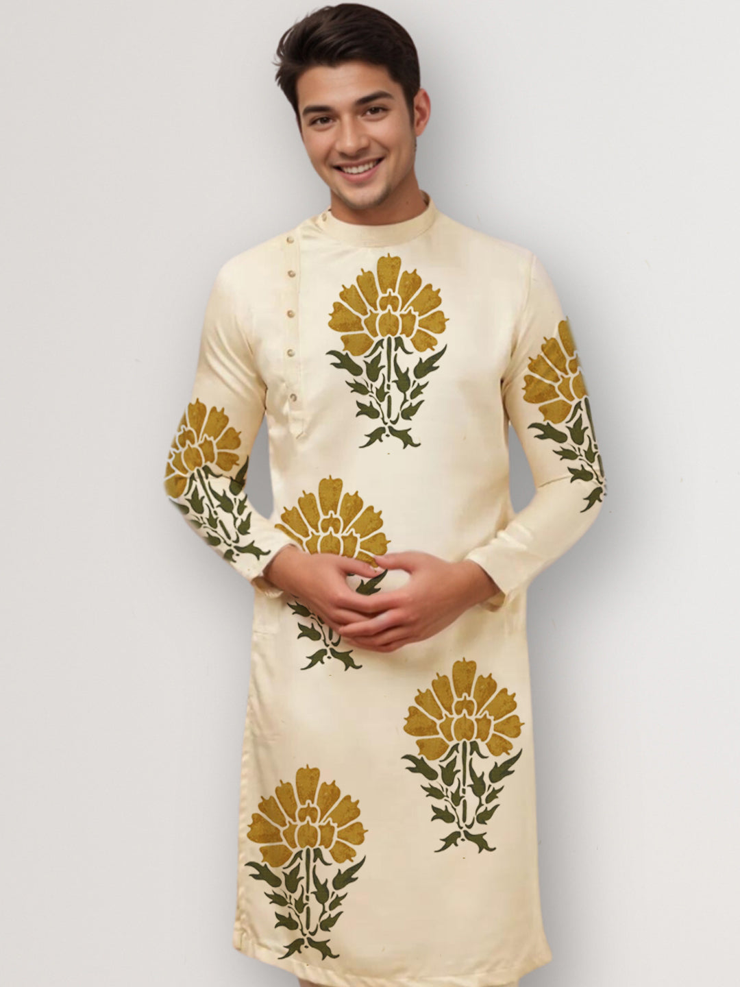 [MGSP-B] Men's Beige Ethnic Print Side Placket Cotton Kurta Set