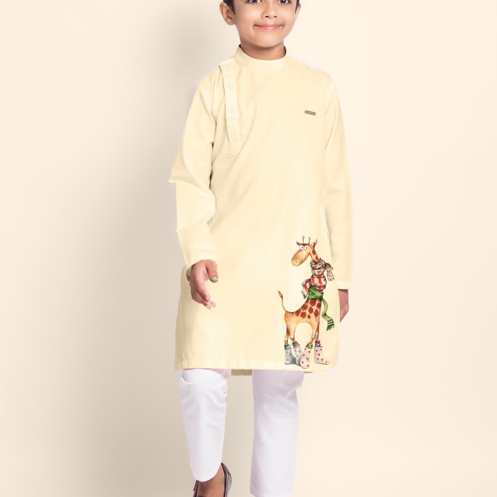 Boys Beige Printed Kurta With Pyjama