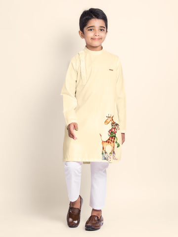 Boys Beige Printed Kurta With Pyjama