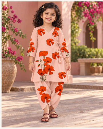 Girls' Peach Cotton Kurti with Tulip pant Set – Printed
